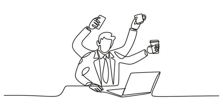 Continuous line drawing of a busy businessman multitasking at his office desk