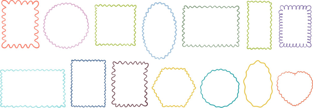 Colorful wavy borders set, scalloped frames bundle isolated on white background for greeting card, sticker design