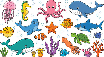 Obraz premium Cute sea animals collection colorful marine life fish octopus whale shark under water vector illustration elements set on white background