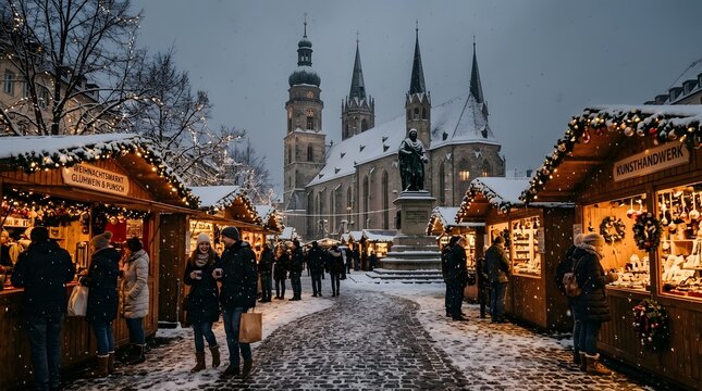 Festive german christmas market scene with historic architecture and falling snow