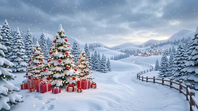 Winter wonderland christmas scene with decorated trees and snowy landscape