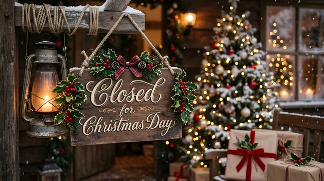 Rustic 'closed for christmas day' sign with holiday decorations and snowy scene
