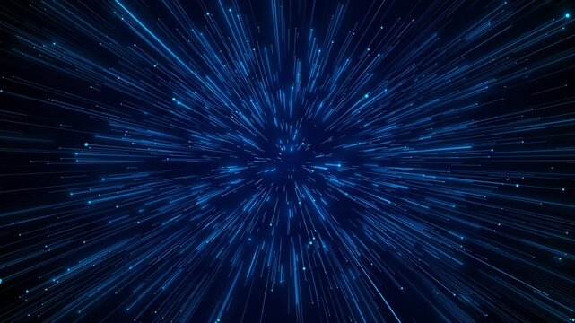 Blue light speed tunnel background fast glowing streaks, flying particles, and deep dark perspective. sci fi , warp travel, technology intros, gaming scenes, space motion, and energetic overlays.