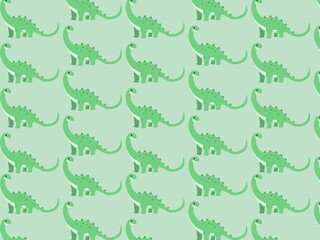 A seamless pattern features a repeated design of cartoon dinosaurs, specifically sauropods, in light green hues on a pale green background. Each dinosaur has a long neck, tail, and distinct body with  © ALEXO444
