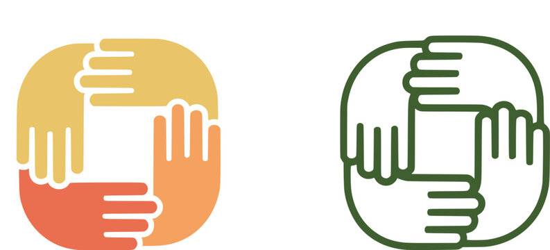 Colorful and outline icons of four hands joined together in a circle representing teamwork unity