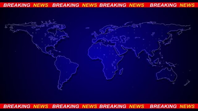 Breaking news world map background red headline bars, blue global map, broadcast style copy space. for news videos, report intros, alerts, media screens, headline updates, and TV motion graphics.