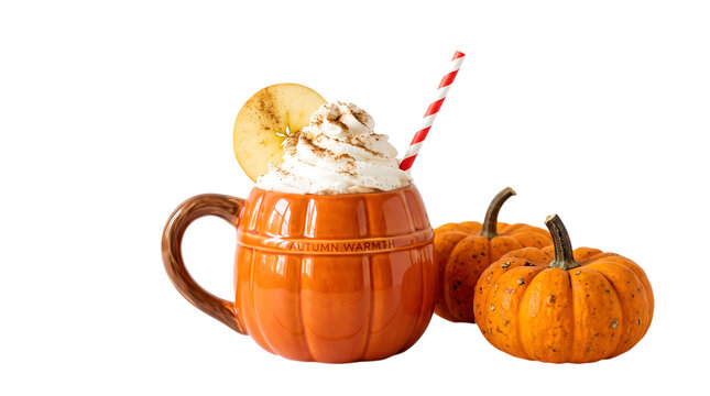 Festive halloween pumpkin spice latte with whipped cream and mini pumpkins