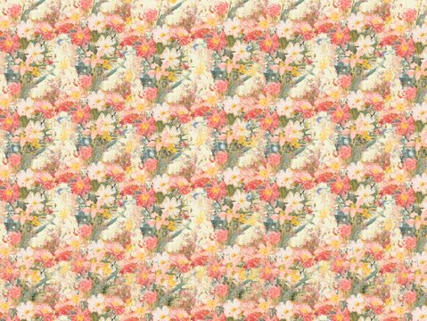 Floral pattern with a vintage aesthetic, featuring a repeated motif of assorted flowers in shades of pink, yellow, and white. The flowers are arranged in a dense, interwoven pattern against a soft bac