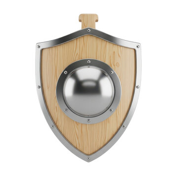 A wooden shield with a metal rim and a silver boss in the center.