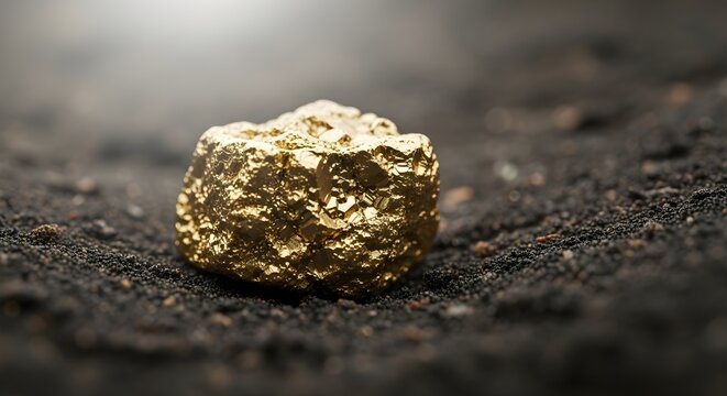 Shiny Gold Nugget Resting on Dark Earth Ground