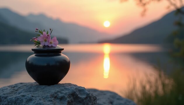 Black ceramic cremation urn sits on stone at lake shore during golden sunset. Pink flowers rest on lid. Peaceful outdoor memorial scene for departed loved ones. Serene nature water background