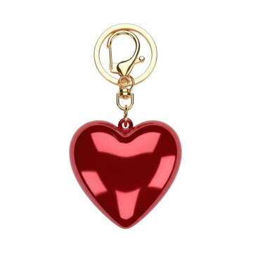 A red heart-shaped keychain with gold clasp and chain on white background.