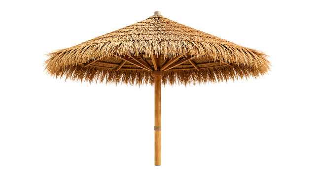 Traditional straw umbrella on wooden pole isolated on transparent background