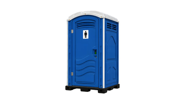 Blue portable toilet with wheels on a pallet isolated on transparent background