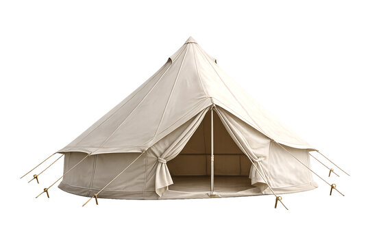 Beige yurt tent with fabric cover in outdoor setting isolated on transparent background
