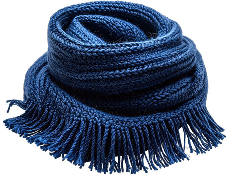 A deep blue knitted scarf with fringe detail is presented against a black background.
