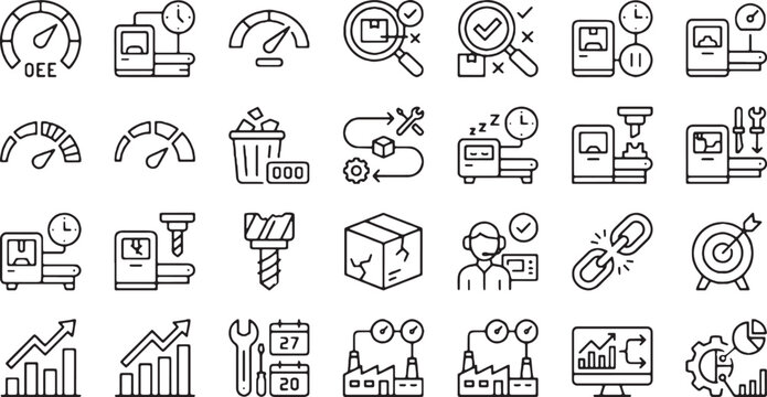 Industrial OEE performance availability and quality control line icon set vector