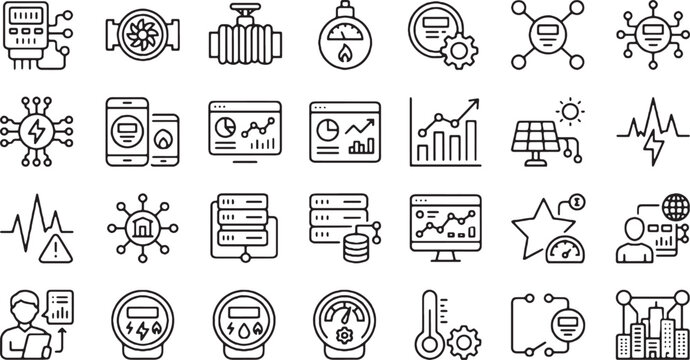 Smart electric gas water meter and energy management line icon collection vector