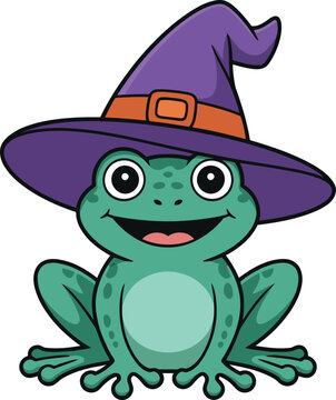 Cute cartoon frog wearing witch hat