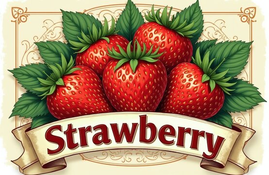 Vintage label design with red ripe strawberries, green leaves. Decorative ornate frame for homemade food packaging. Rustic art style for berry jam jars marmalade sticker branding. Hand drawn