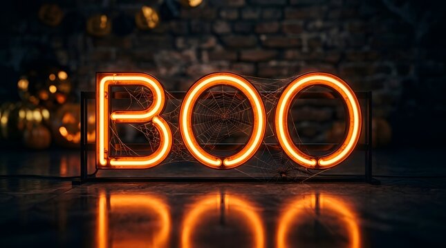 Halloween neon sign with boo text and spiderwebs against a brick wall