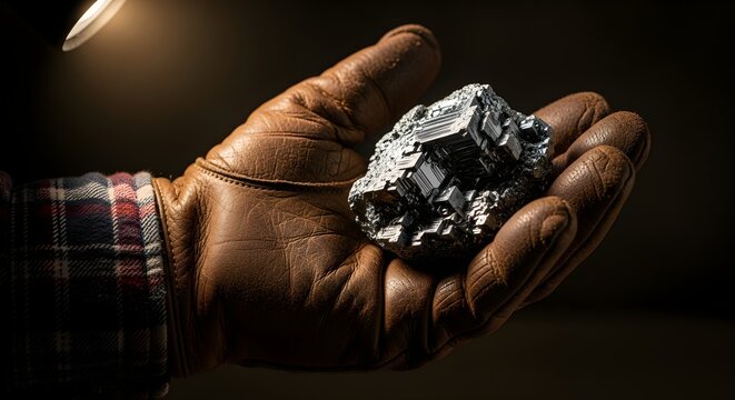 Worker Holding a Piece of Raw Silver Ore in a Protective Leather Glove
