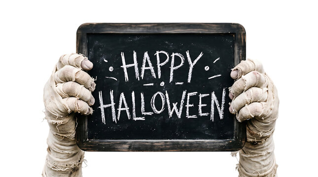 Spooky halloween concept mummy hands holding 'happy halloween' chalkboard sign