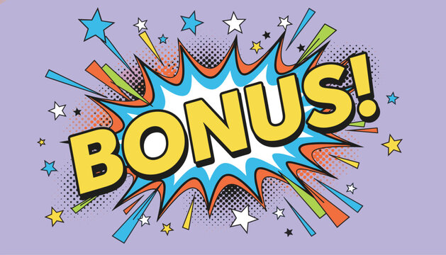 Dynamic pop art style banner featuring the word bonus inside an explosion of stars and halftone patterns on a purple background.