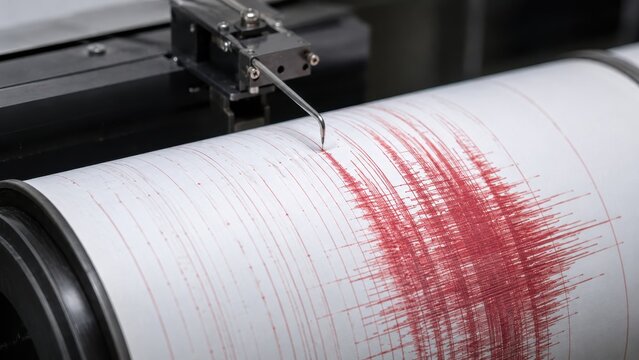 Seismograph needle drawing earthquake waves on paper drum