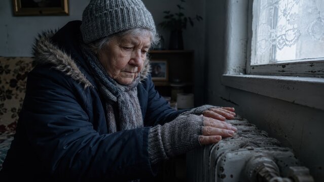 Senior woman warming hands by radiator in coat energy poverty