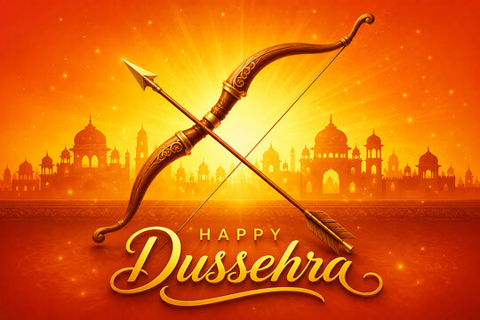 Happy Dussehra Festival Greeting with Ornate Bow and Arrow on Glowing Orange Background