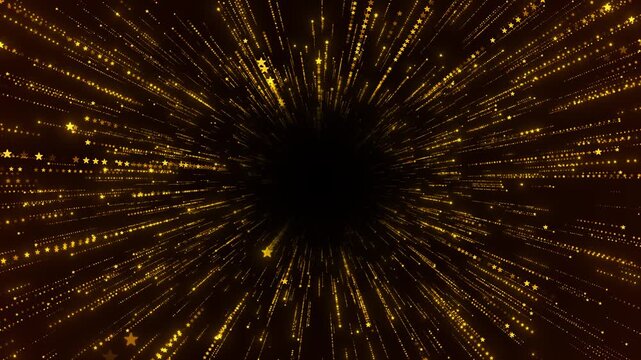 Golden star burst tunnel background fast glowing rays, sparkling trails, dramatic center space. award , celebration intros, festive titles, magic reveals, event promos, energetic motion overlays.