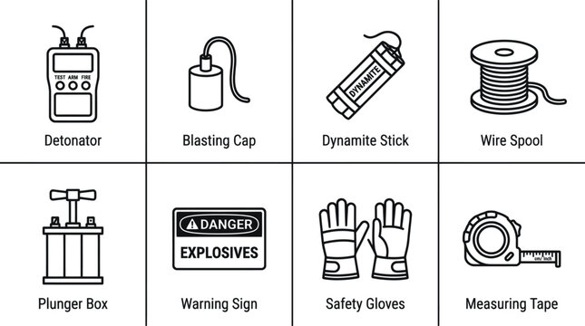Set of demolition and blasting equipment icons outline vector design for construction
