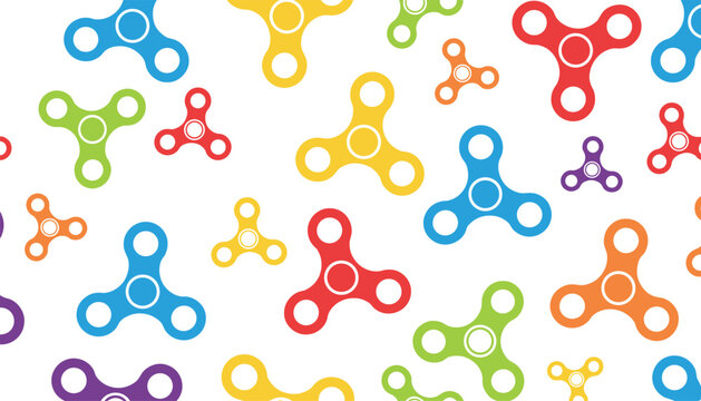 Colorful seamless background pattern featuring vector illustrations of fidget spinners in green, blue, yellow, and red.