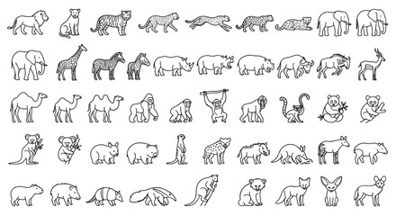 Collection of Hand Drawn Safari and Exotic Wild Animals Silhouettes Set Isolated on White Background for Wildlife Graphic Design and Educational Projects © MDBIPLOB