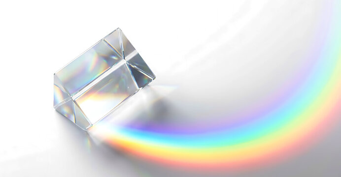 Crystal triangular prism refracting light into colorful rainbow spectrum with refraction, spectrum