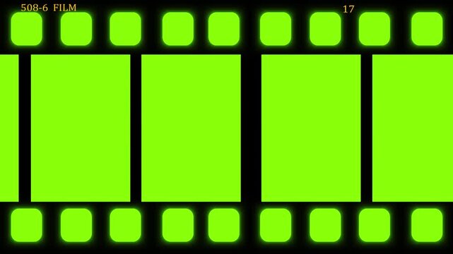 Green chroma film strip frame bright key screen areas, black cinema border, and glowing reel style layout. for editing, movie templates, transitions, montage effects, placeholders, creative overlays.