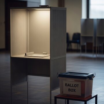 Voting booth with a ballot box placed in a quiet room during an election day event process.