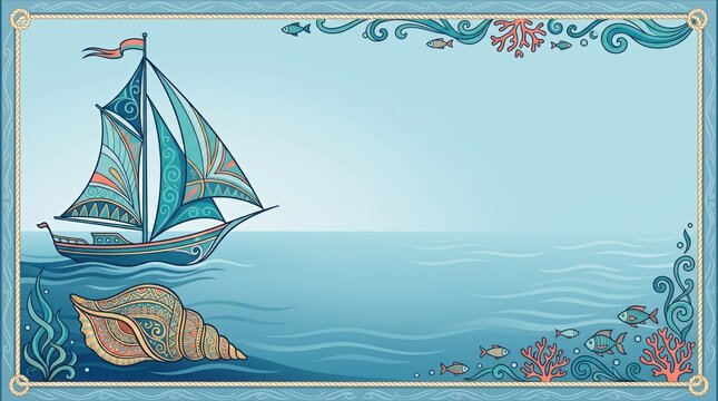 Marine maritime backdrop layout displaying a stylized vessel and a decorative seashell on a calm blue sea surface with ample text placement area  ocean sea maritime nautical background