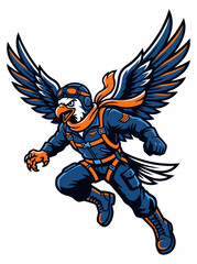 Fototapeta premium A vibrant digital pixel art illustration of an anthropomorphic bird pilot dressed in blue and orange flight gear, complete with a helmet, goggles, and scarf, captured mid flight with wings spread