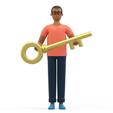 A man holds a large golden key