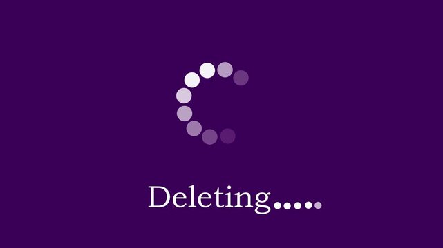 Animated deleting progress indicator with rotating circular loading on a minimalist deep purple background, for software interface, digital data management, system cleanup, and, user experience