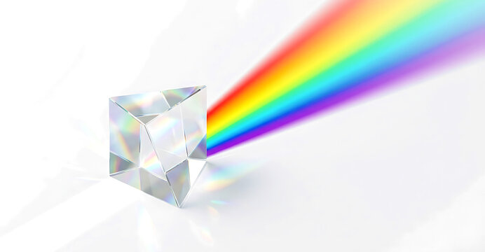 Clear glass triangular prism casting rainbow light spectrum with refraction spectrum dispersion