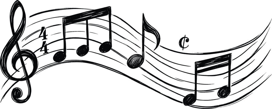 Hand-drawn musical notes on wavy staff, black ink sketch of music notation with treble clef and 4/4 time signature, artistic melody vector illustration