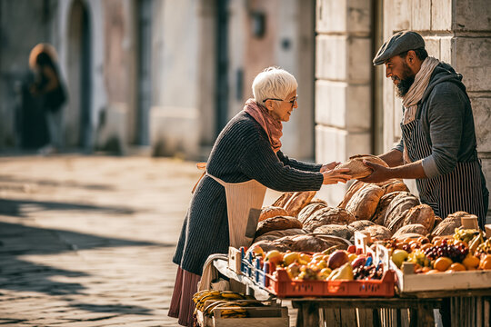 A bustling but orderly local farmers' market in a charming cobblestone town square.
