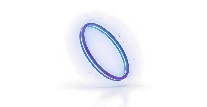 Floating glowing blue neon ring with soft light aura abstract floating isolated background