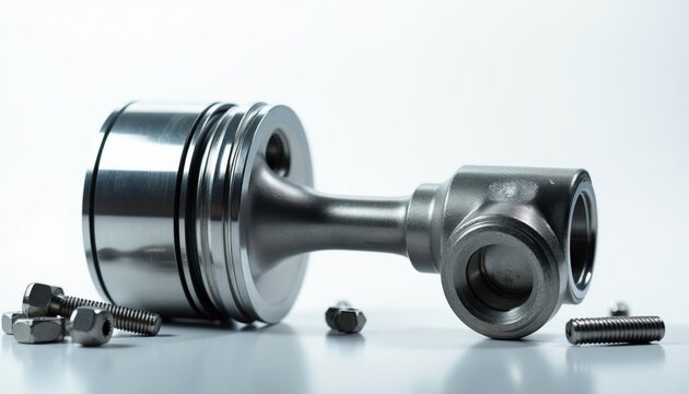 Polished metal engine piston lies on white surface next to steel bolts. Industrial car part with connecting rod sits isolated for repair services. Shiny automotive component shows precise engineering