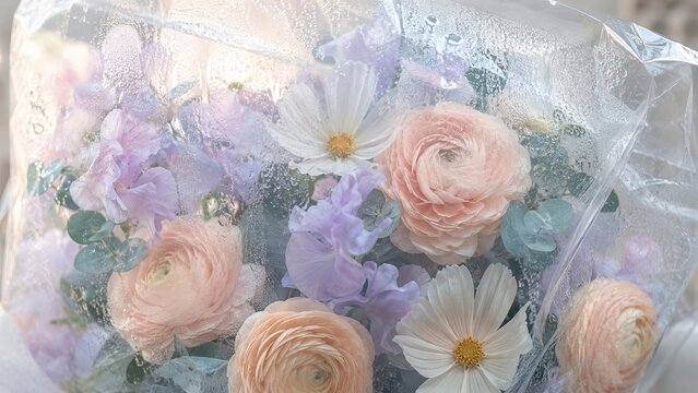 Peach ranunculus and sweet peas glow through wet plastic in an artistic floral slow life composition with pastel dopamine colors, suited to a cottagecore background for bridal and lifestyle branding.