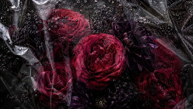 Deep red roses emerge beneath wet plastic in dark academia aestetics with dramatic dopamine colors, creating a dark cottagecore background for luxury beauty and editorial design.