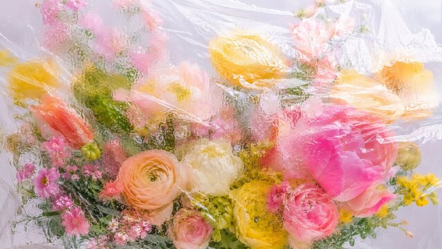 Dopamine bouquet of Peonies, ranunculus and wildflowers glow under wet plastic bursting with dopamine colors, creating a playful cottagecore background for joyful lifestyle design.